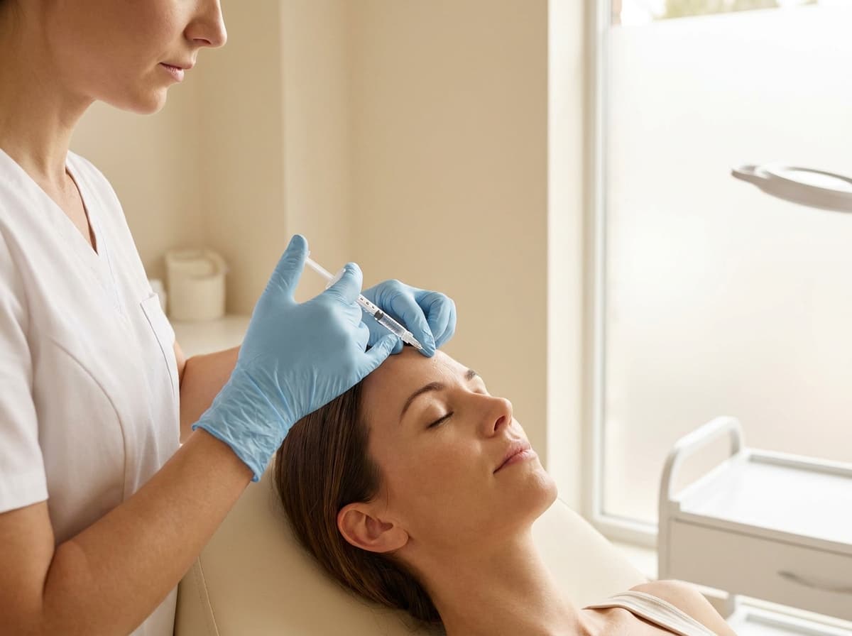 Medical aesthetic practitioner administering a Botox injection to a relaxed female client's forehead in a modern Newmarket med spa treatment room