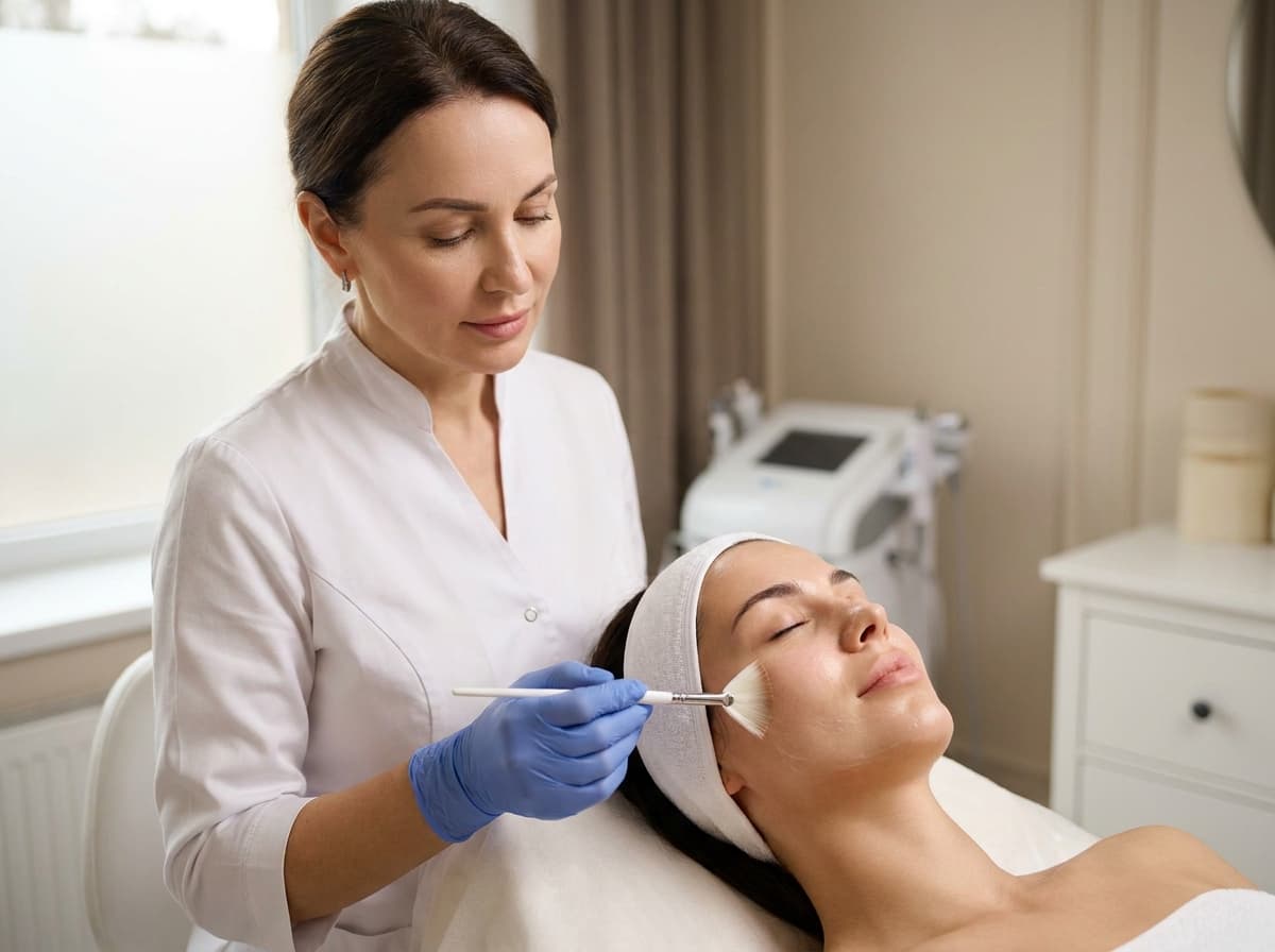 Esthetician carefully applying a chemical peel solution with a fan brush to a relaxed female client's cheek
