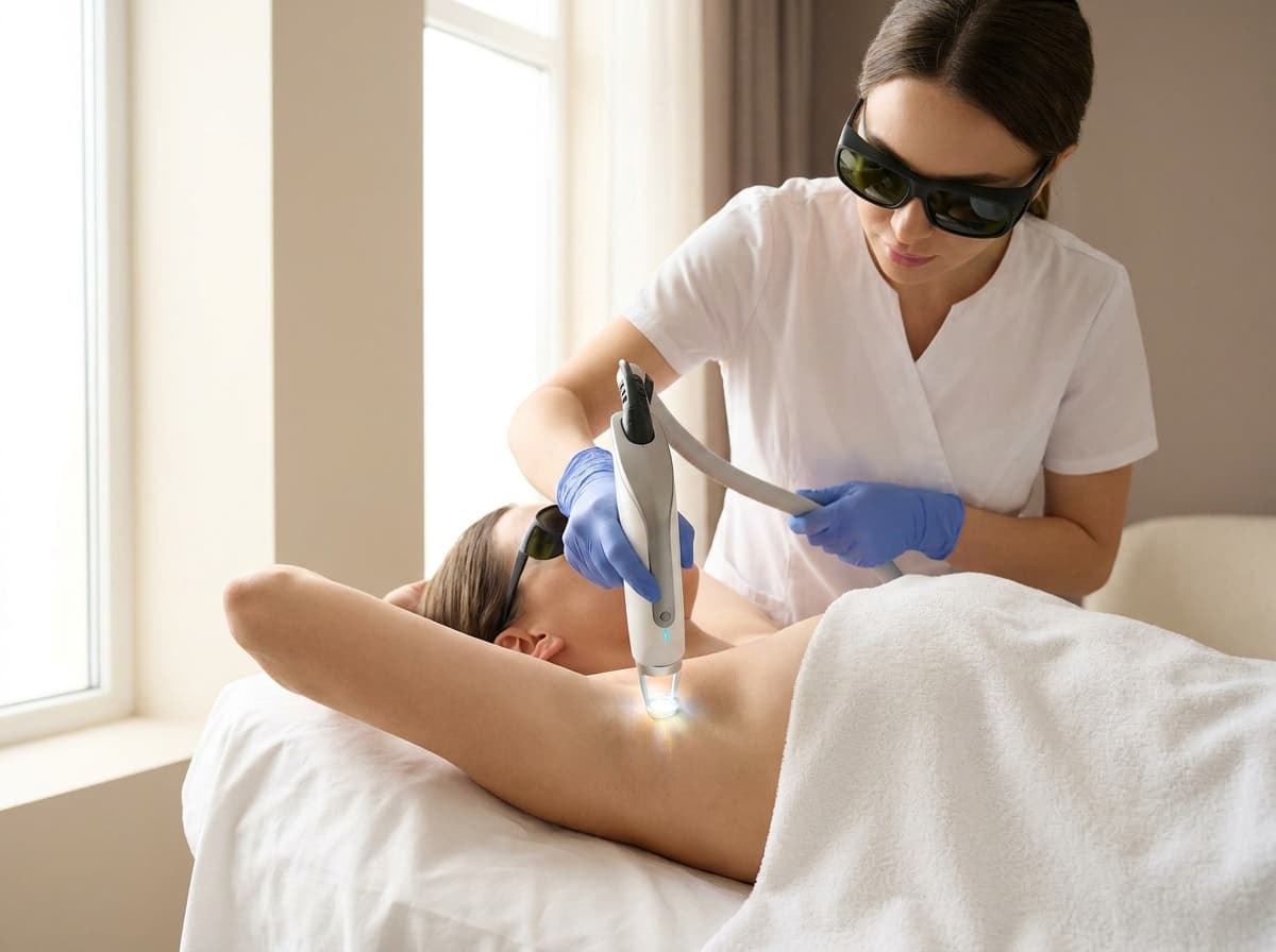 Medical aesthetic practitioner using a medical-grade laser hair removal device on a client's underarm with protective eyewear