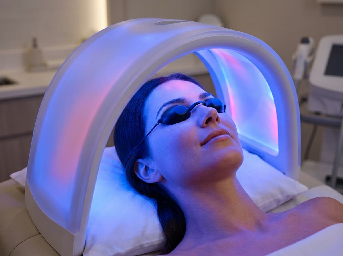 Female client receiving LED light therapy with her face enveloped by a modern curved-dome blue-light therapy device at Leslie Med Spa