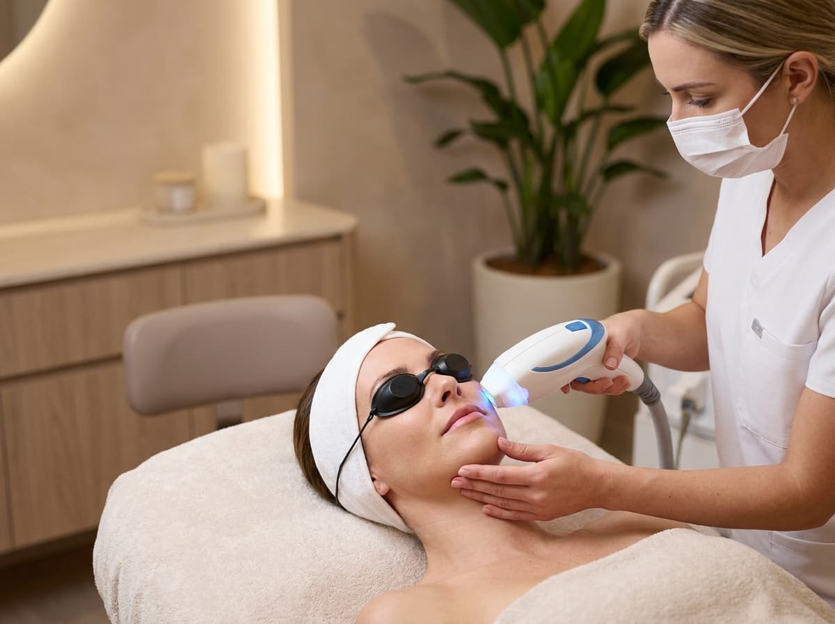 Female client receiving an IPL photo facial treatment with protective goggles in a modern medical spa