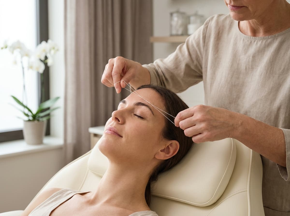 Esthetician performing precise eyebrow threading on a relaxed female client at a modern beauty studio